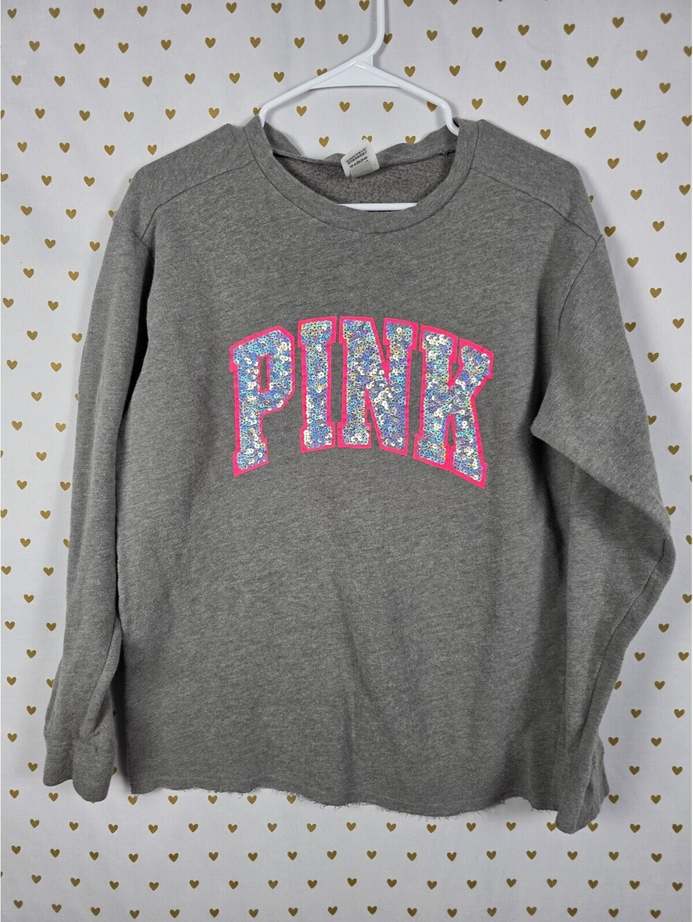 Victorias Secret Pink Mermaid Bling Logo Sweater Shirt Grey Sequined SMALL